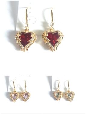 Gold Plated Heart Drop Earrings with Red, Light Pink And Clear Crystals